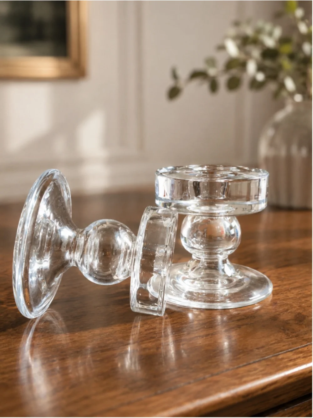 Set of 2 Reversible Clear Glass Pillar & Taper Candle Holders